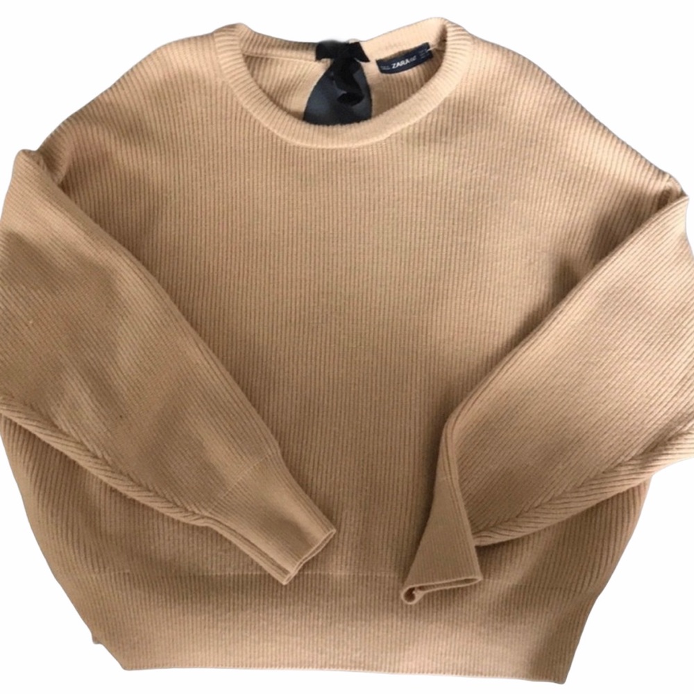 Zara Tan Knit M Oversized Sweater with Bow Tie